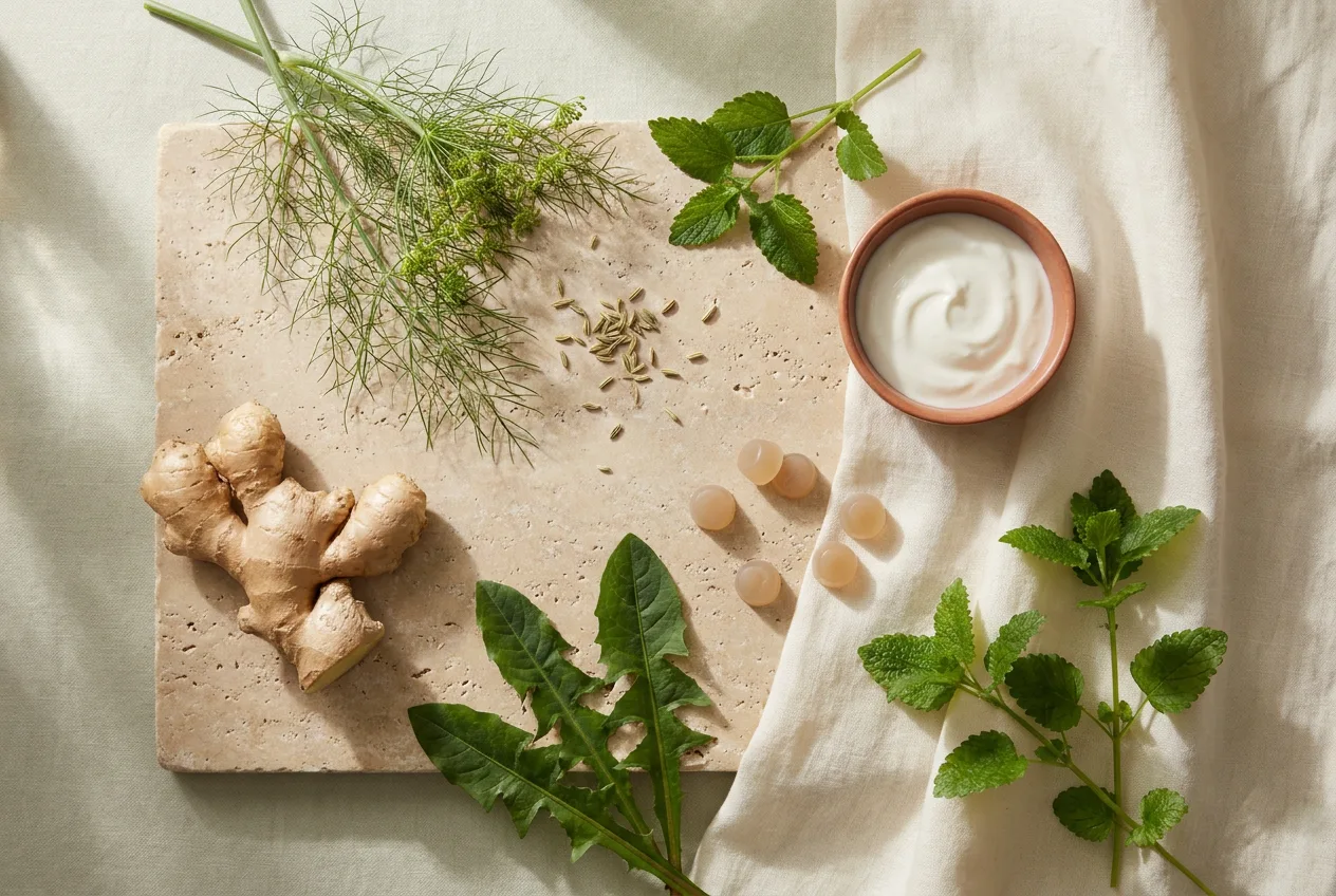 Botanicals and probiotic foods on linen