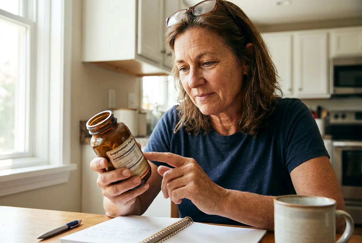 A woman carefully reading a supplement label